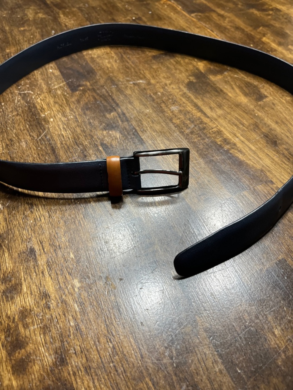 Men's Black Leather Belt with Tan Loop and Polished Buckle